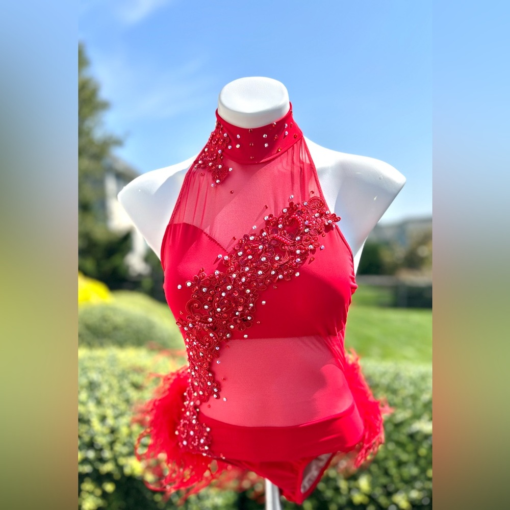 Beautiful New! Red Halter Custom Jazz Dance Costume With Feathers Small Adult💃